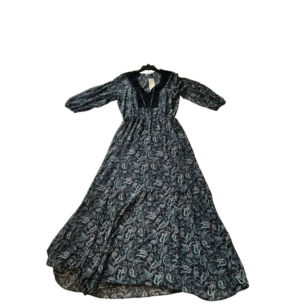 Daniel Rain Maxi Dress Women's Size M Black Paisley Long Sleeve V-Neck Polyester - Picture 6 of 7